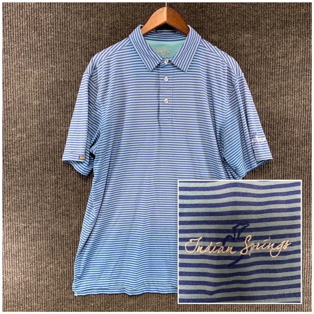 Straight Down Polo Shirt Mens L Blue Striped Short Sleeve Golf Indian Springs